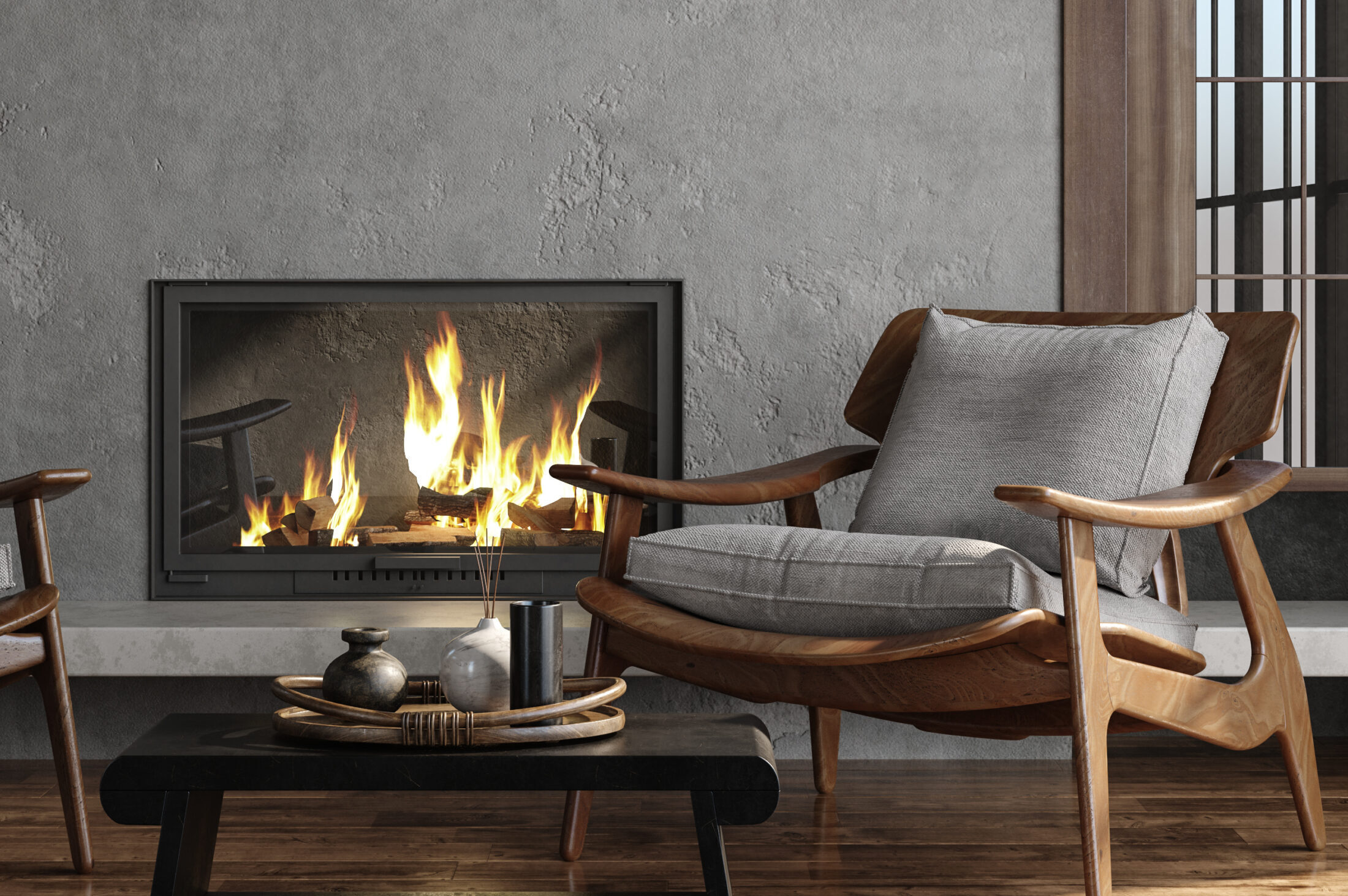 Dark living room loft with fireplace, industrial style Dark living room loft with fireplace, industrial style, 3d render